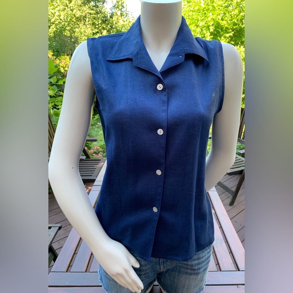 Royal Blue 100% linen button down sleeveless Summer dress shirt with collar US M